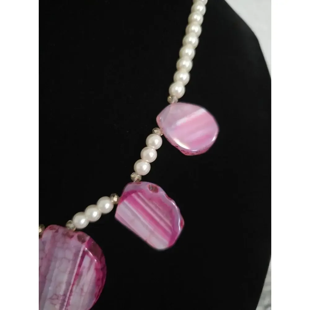 Statement Necklace With Pink Dyed Agate Slice Pendants On White Faux Pearls